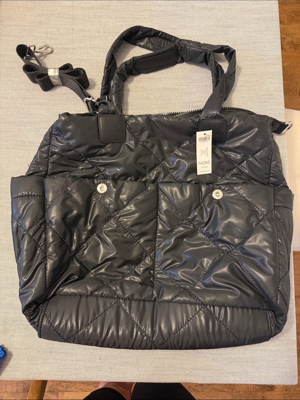 Chico's Quilted Black Puffer Tote with Crossbody Strap